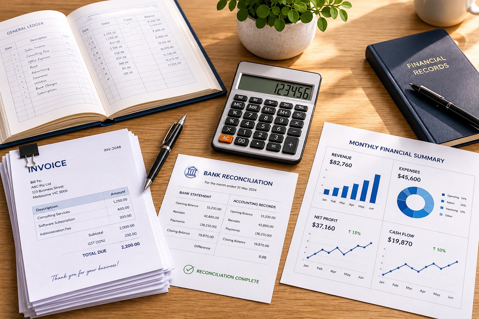 Bookkeeper reviewing ledger workpapers and reconciliations