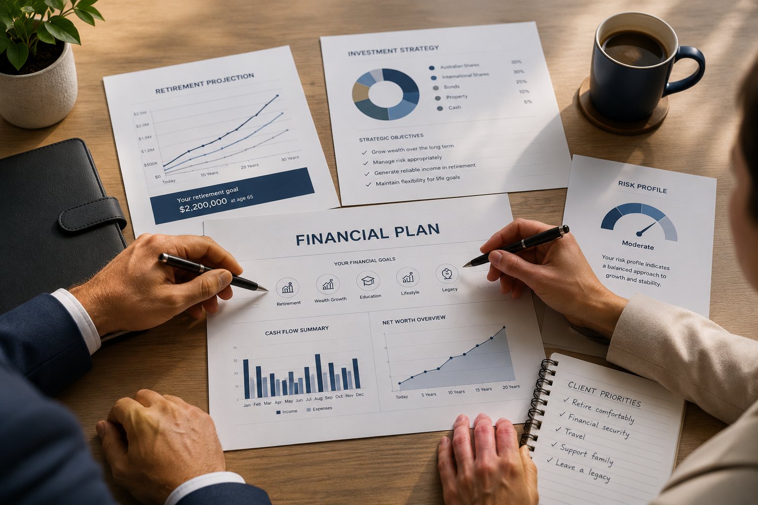 Financial planner reviewing a client advice file and portfolio summary