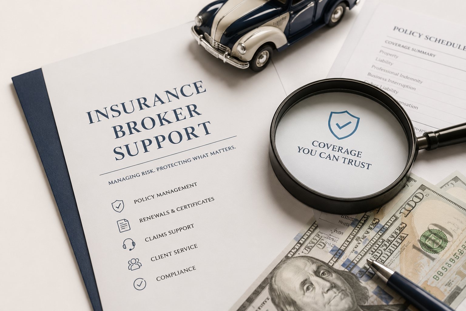 Insurance broker preparing renewal documents and policy schedules
